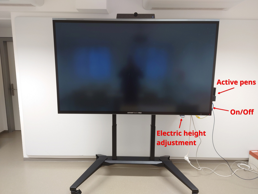 Shows the interacctive whiteboard with pointers where to find the pens, on/off switch and the height adjustment buttons