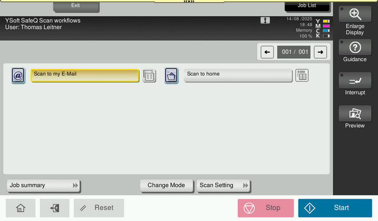 SafeQ scan screen after selecting a destination