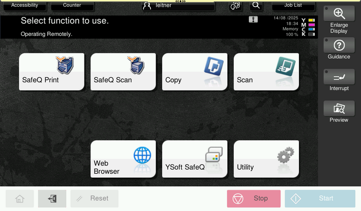Copier function selection screen