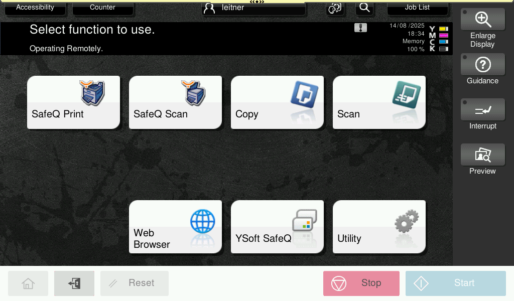 Copier function selection screen