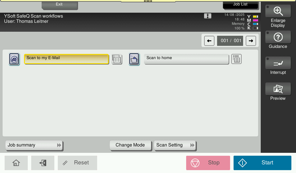 SafeQ scan screen after selecting a destination