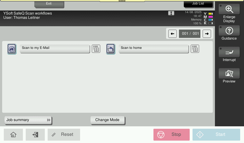 SafeQ scan screen for selecting a destination